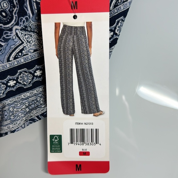Three Dots blue & white boho wide leg pants w/ pockets M - Picture 2 of 12
